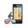 Vector illustration of a man riding a bike and a smartphone with a map navigation app